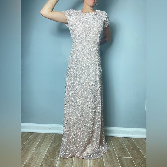 Adrianna Papell Scoop Back Sequin Gown Blush - Picture 1 of 7